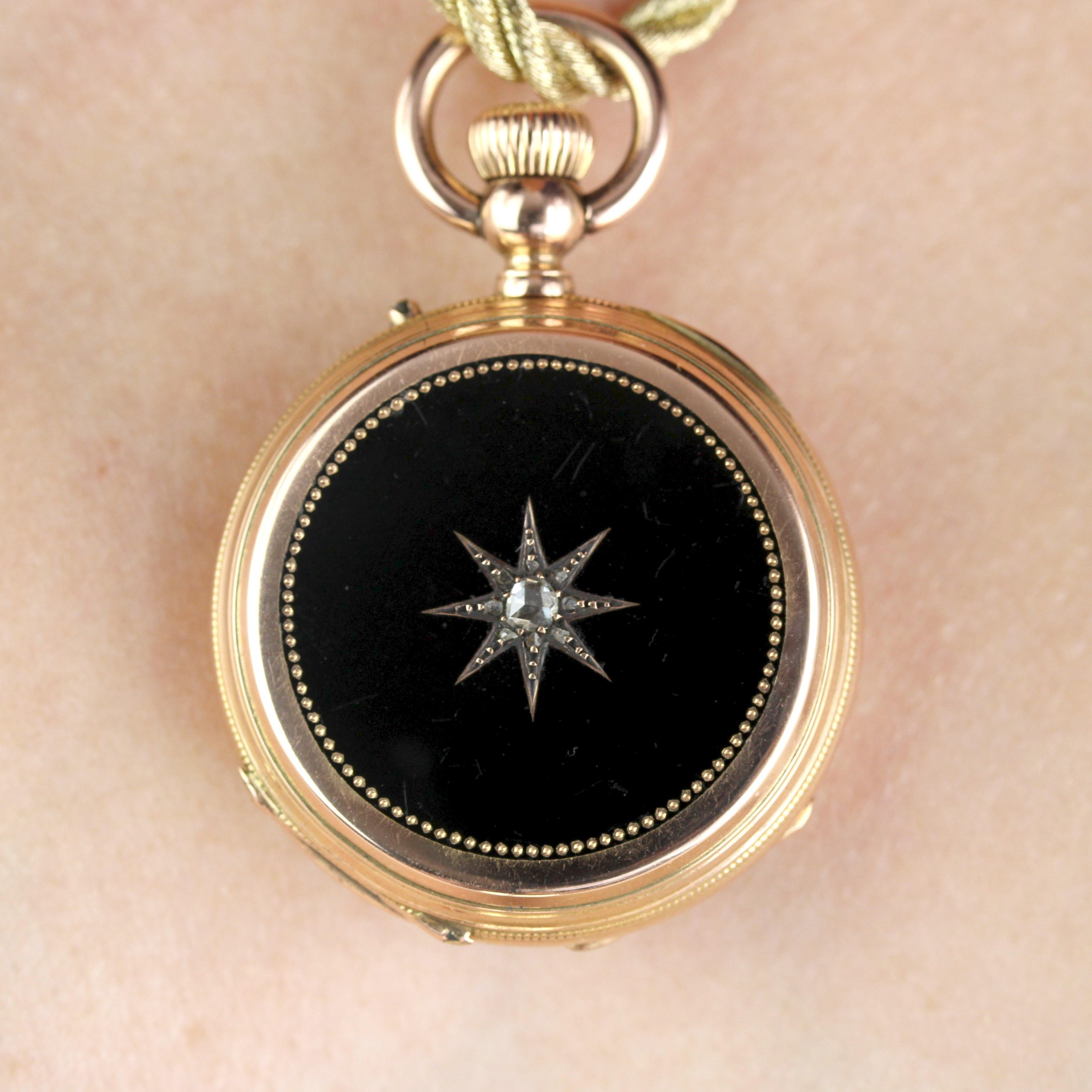 20. Jahrhundert Diamanten 18 Karat Rose Gold Schwarz Emaille Stern Taschenuhr Anhänger im Angebot 2