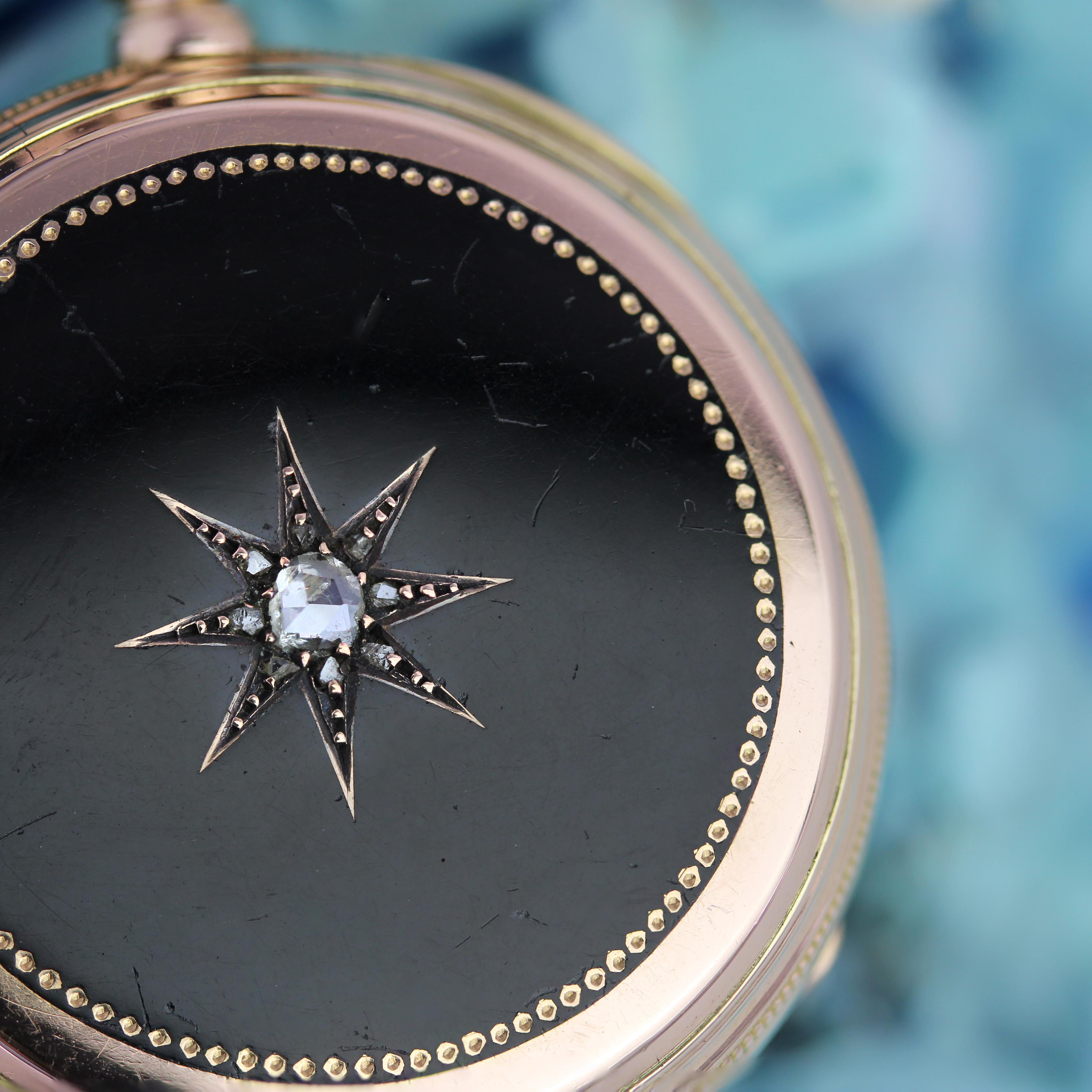 20. Jahrhundert Diamanten 18 Karat Rose Gold Schwarz Emaille Stern Taschenuhr Anhänger im Angebot 3
