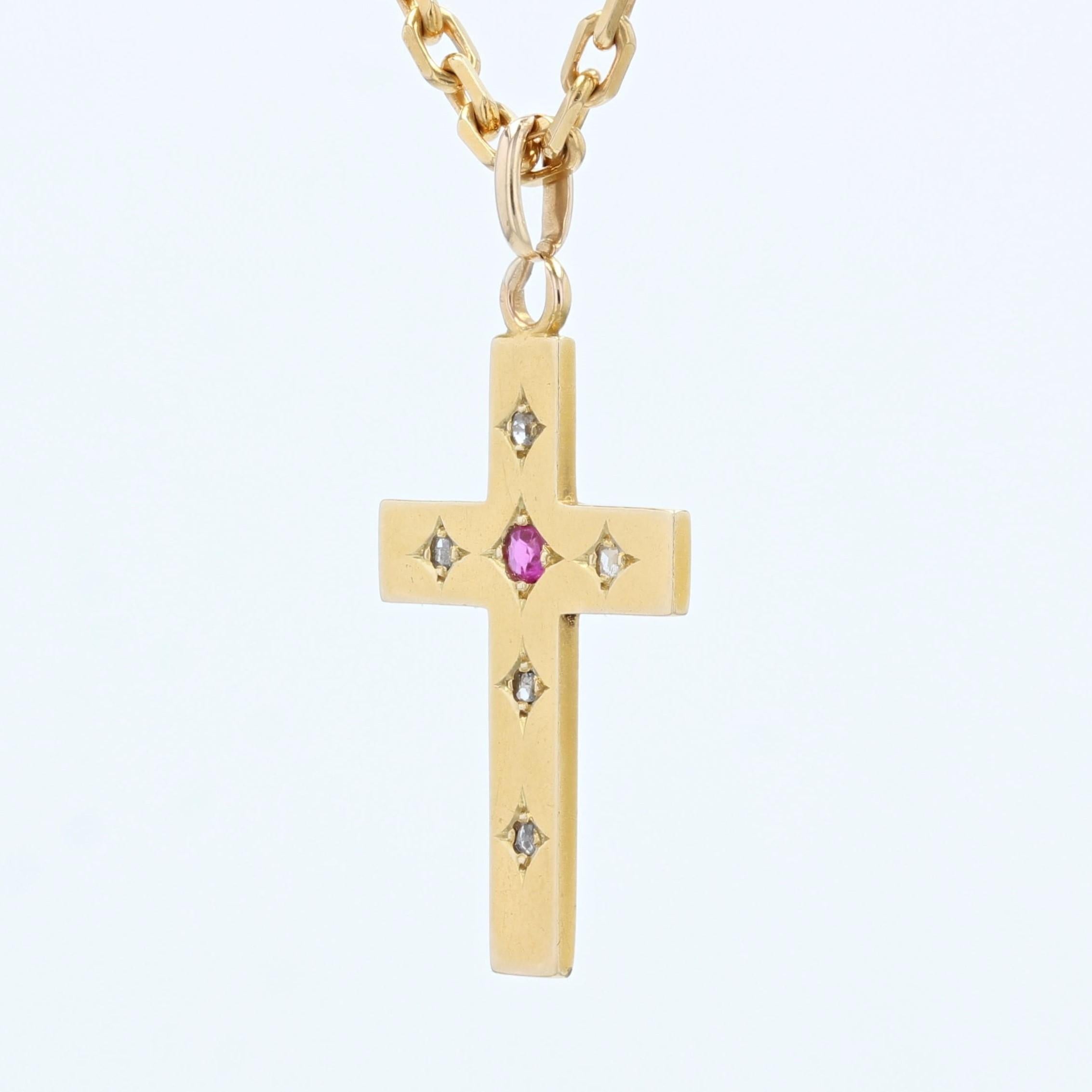 20th Century Diamonds Ruby 18 Karat Yellow Gold Cross Pendant In Good Condition For Sale In Poitiers, FR