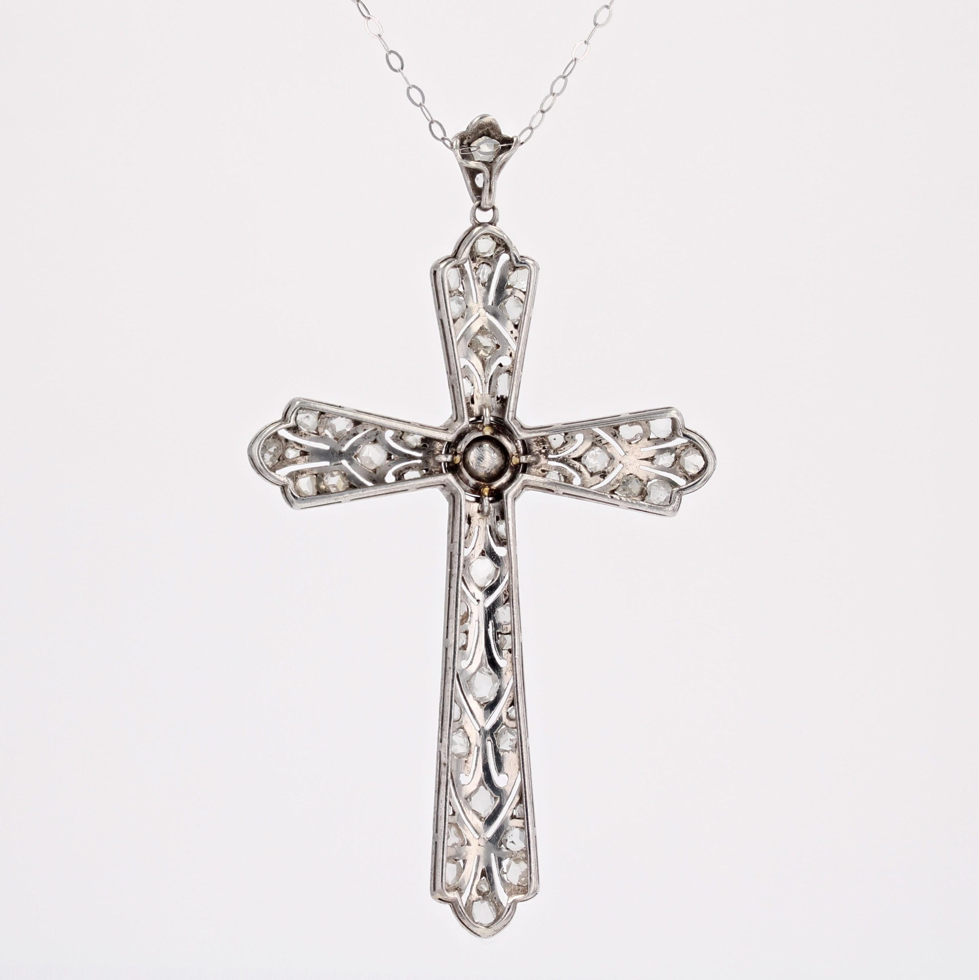 20th Century Diamonds Silver 18 Karats White Gold Chain Cross Pendant In Good Condition For Sale In Poitiers, FR