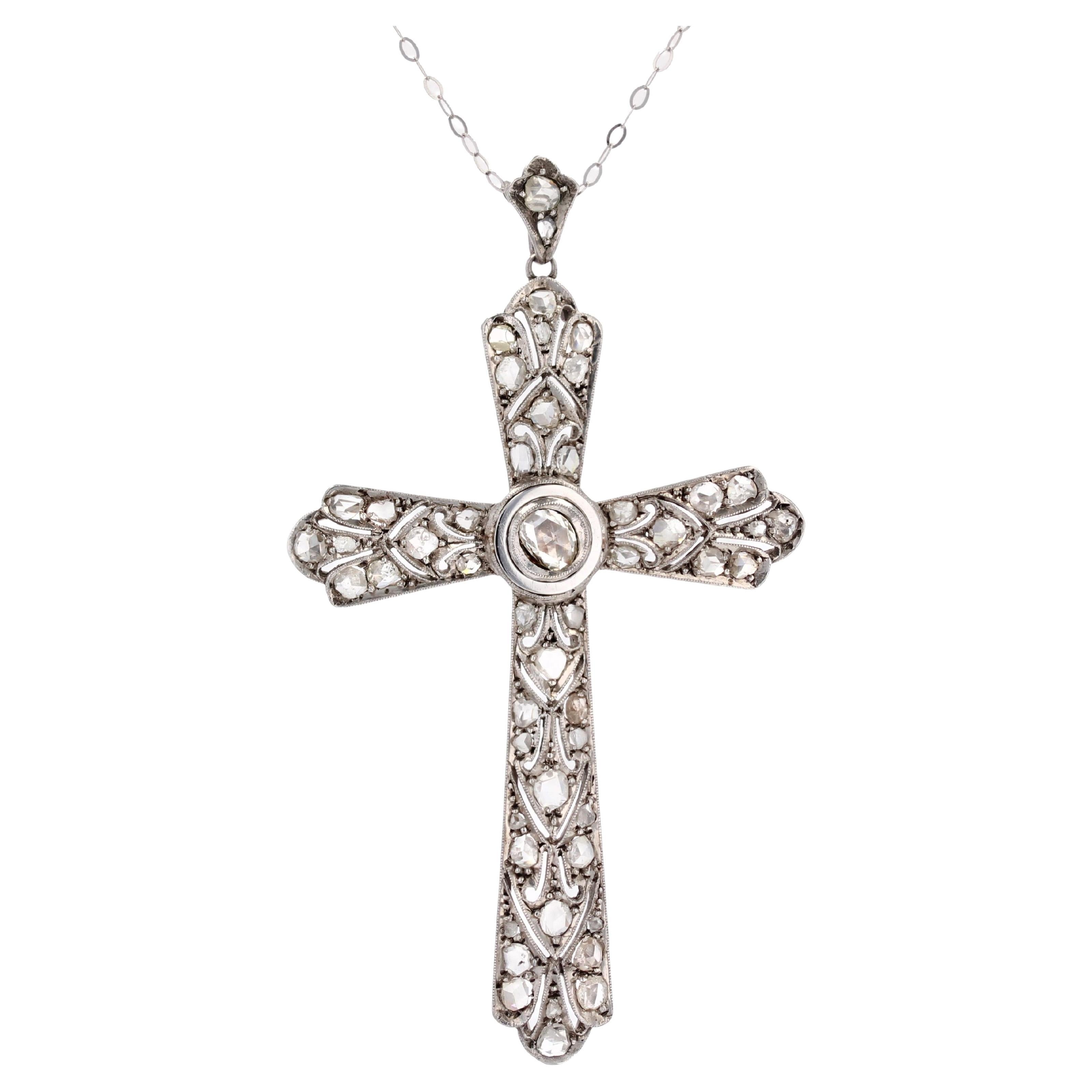 20th Century Diamonds Silver 18 Karats White Gold Chain Cross Pendant
