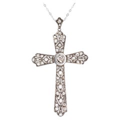 Antique 20th Century Diamonds Silver 18 Karats White Gold Chain Cross Pendant