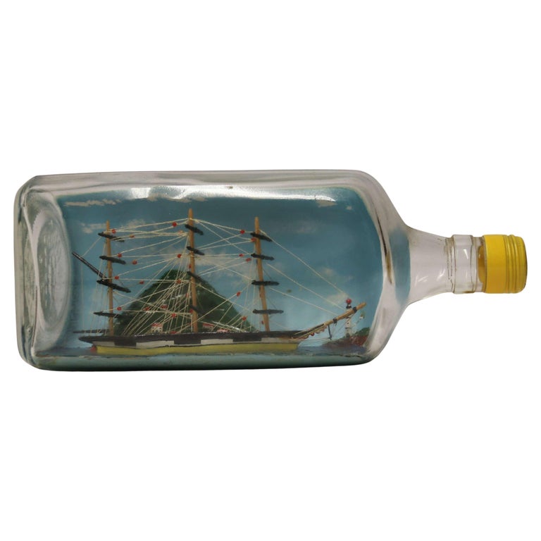 20th Century Diorama Folk Art Three Mast Model Ship in a Bottle English