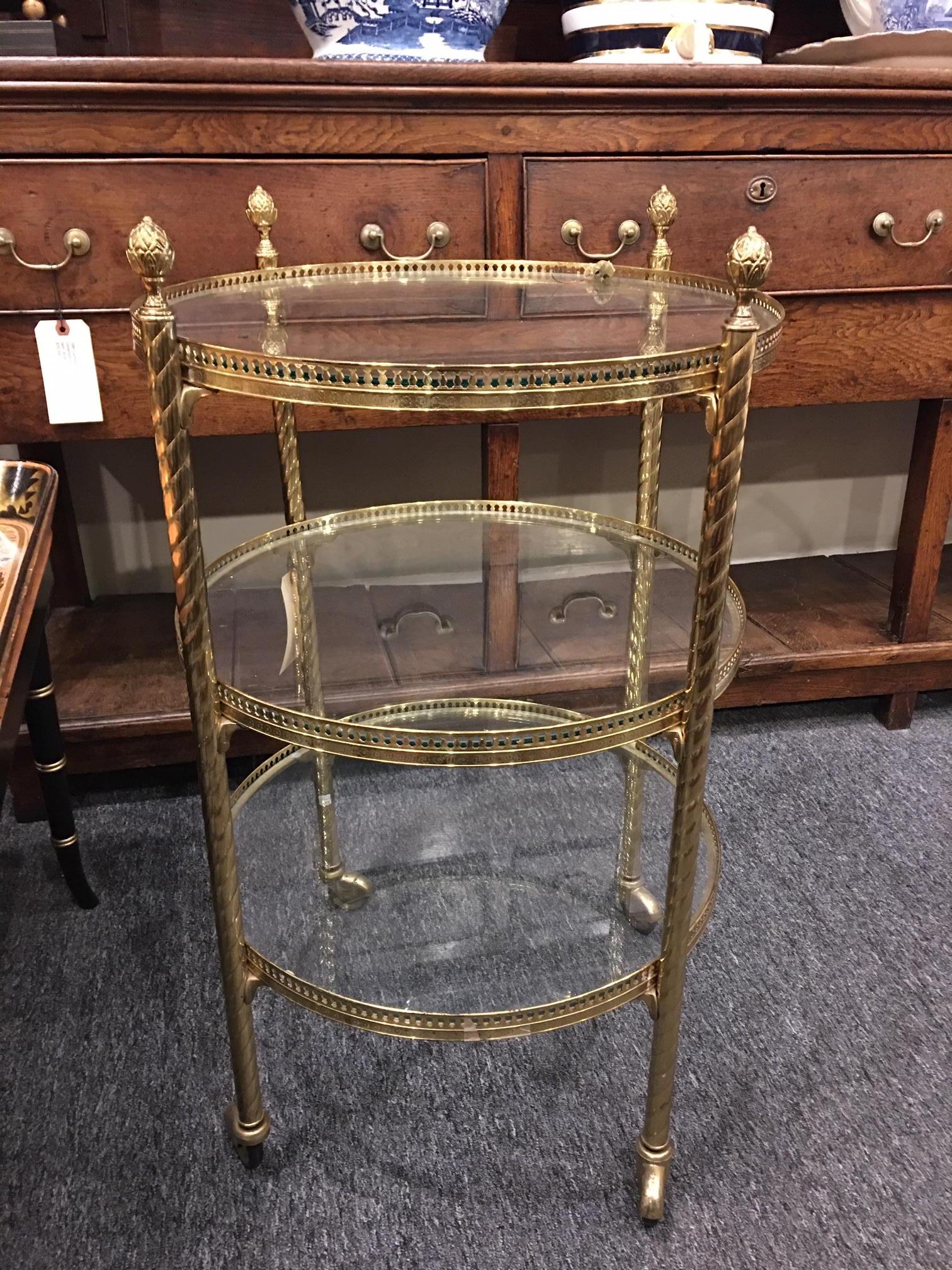 Italian 20th Century Directoire Style Brass and Glass Three Tier Serving Cart on Casters