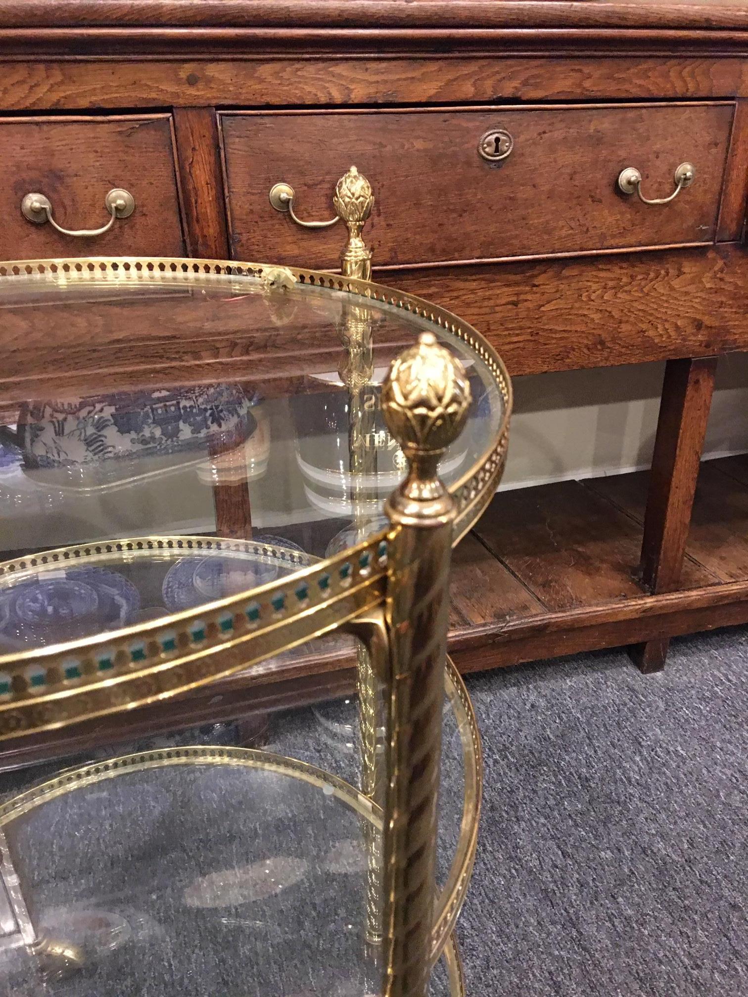 20th Century Directoire Style Brass and Glass Three Tier Serving Cart on Casters In Good Condition In Savannah, GA