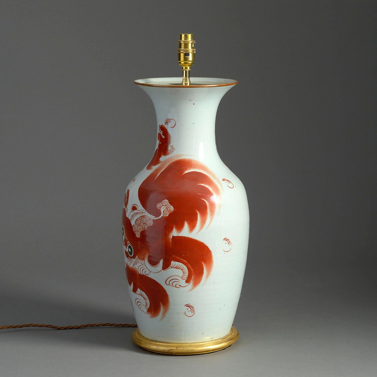 Chinese Export 20th Century, Dog of Foo Porcelain Vase Lamp