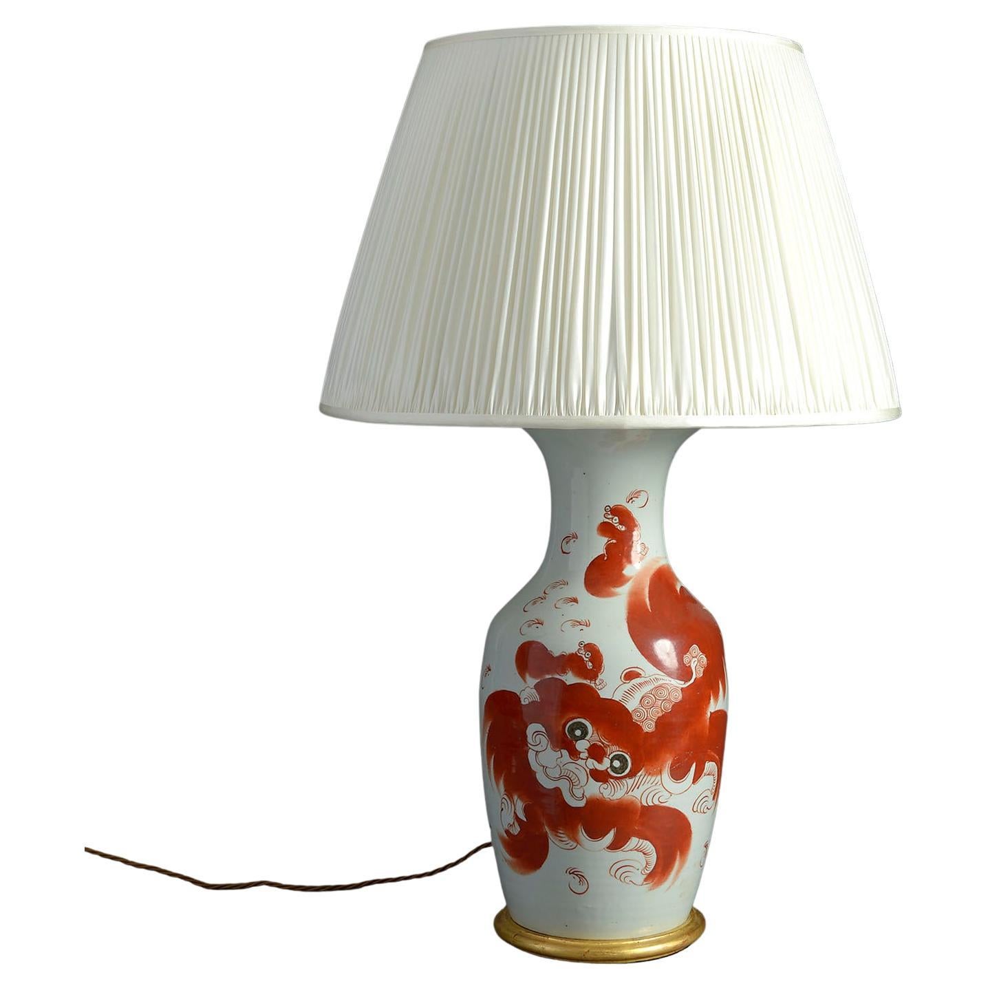 20th Century, Dog of Foo Porcelain Vase Lamp