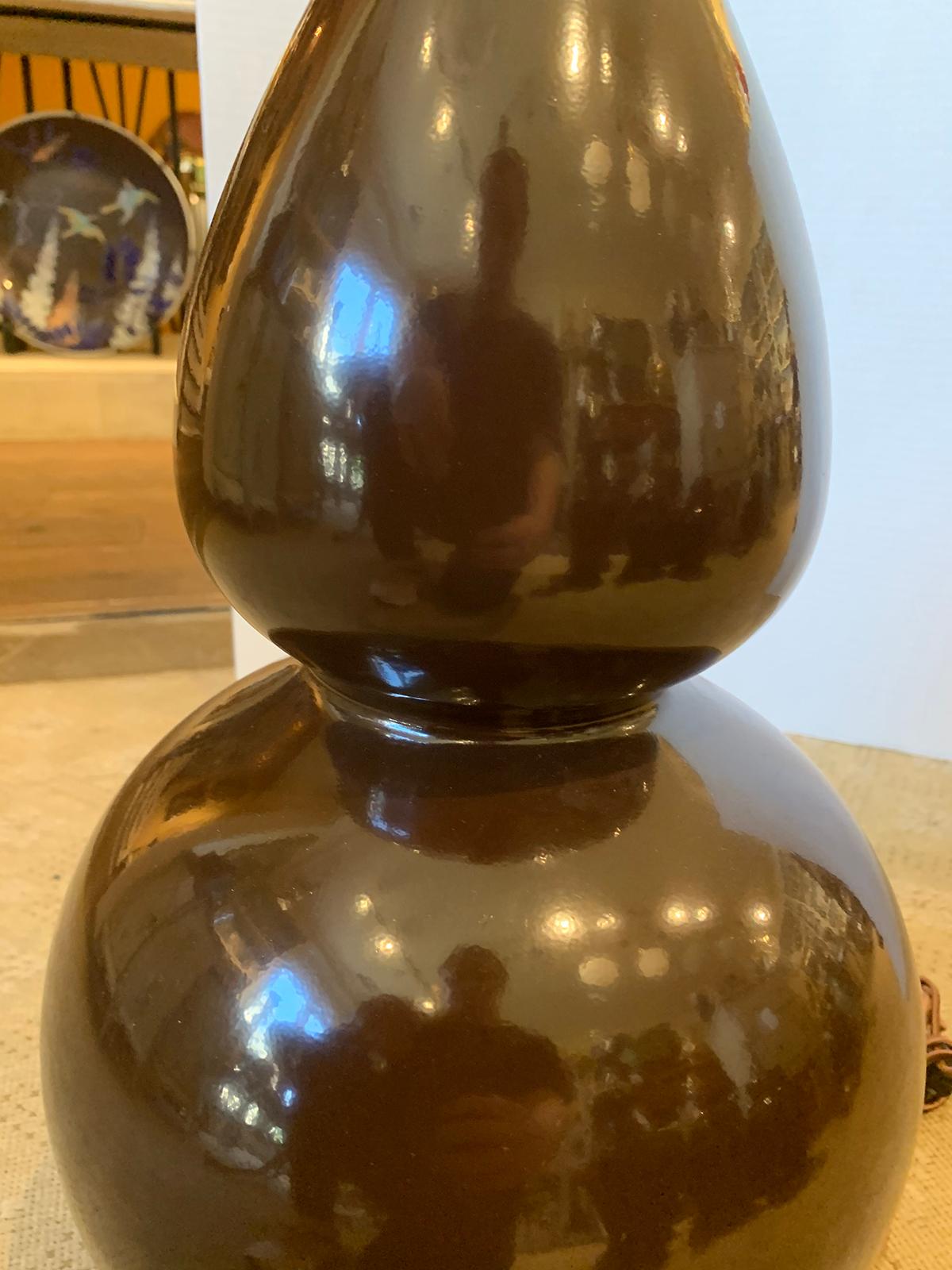 20th Century Double Gourd Chocolate Colored Porcelain Lamp 6