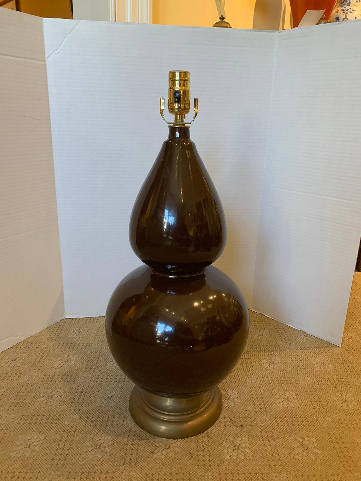 20th century double gourd chocolate brown colored glazed porcelain lamp
New wiring.