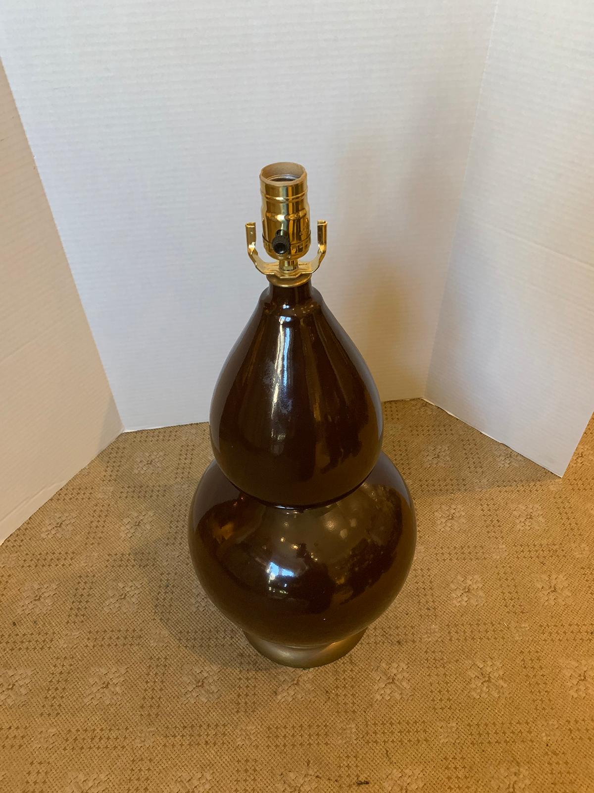 Glazed 20th Century Double Gourd Chocolate Colored Porcelain Lamp