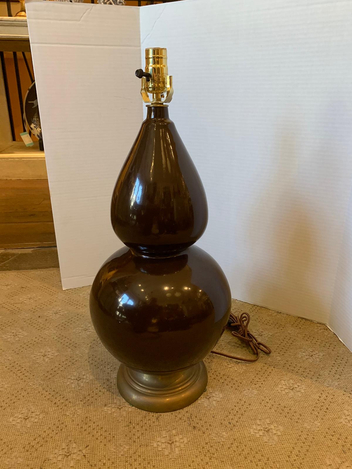 20th Century Double Gourd Chocolate Colored Porcelain Lamp 1
