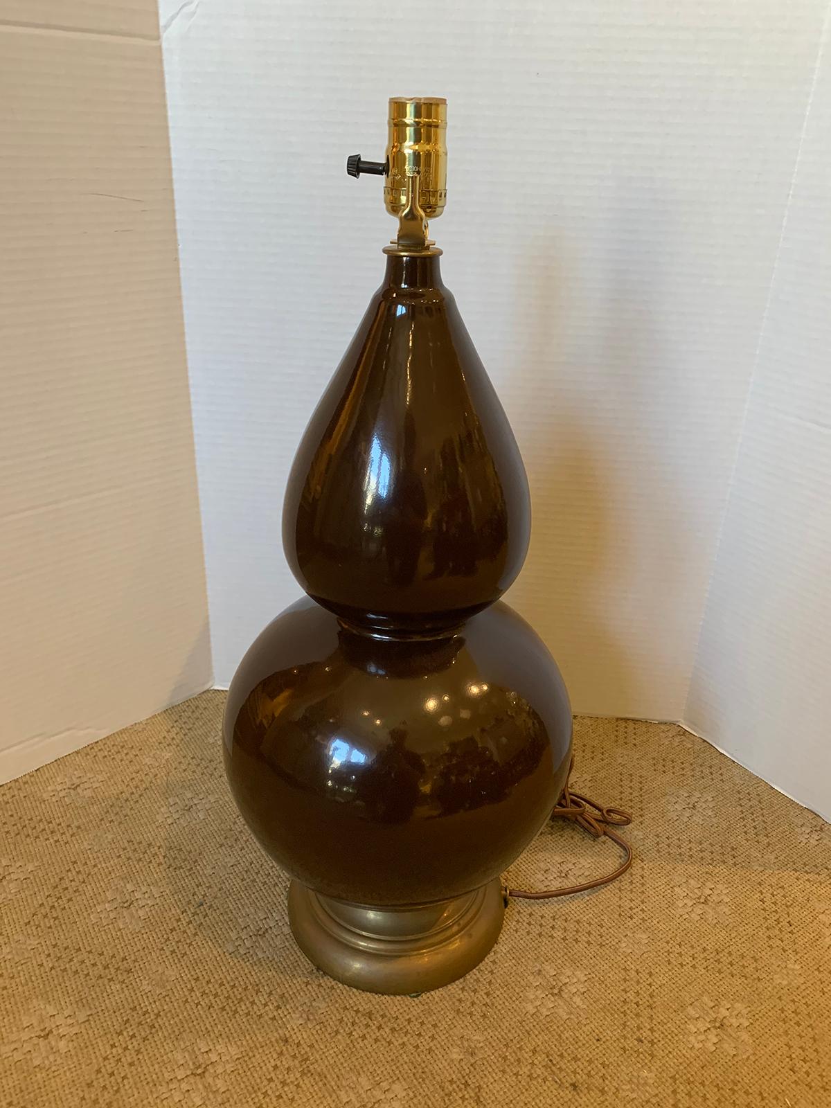 20th Century Double Gourd Chocolate Colored Porcelain Lamp 2