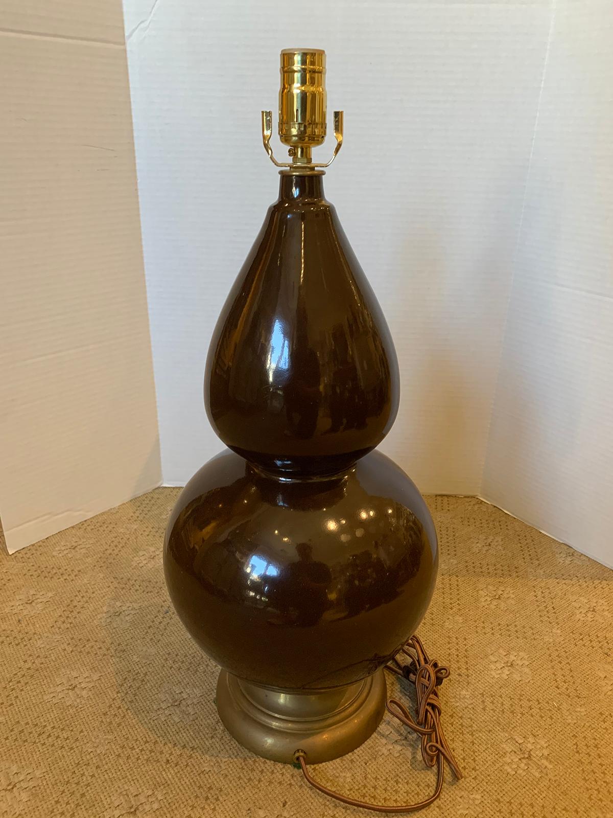 20th Century Double Gourd Chocolate Colored Porcelain Lamp 3