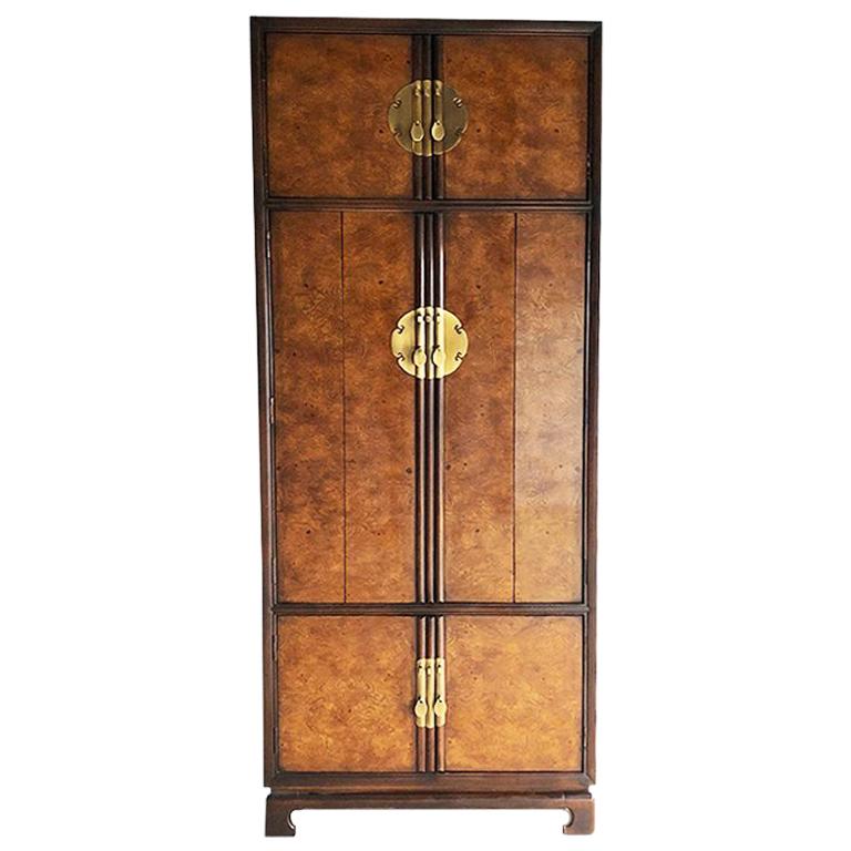 Mid Century Drexel Chippendale Chinoiserie Tai Ming Hutch Burl Wood Cabinet