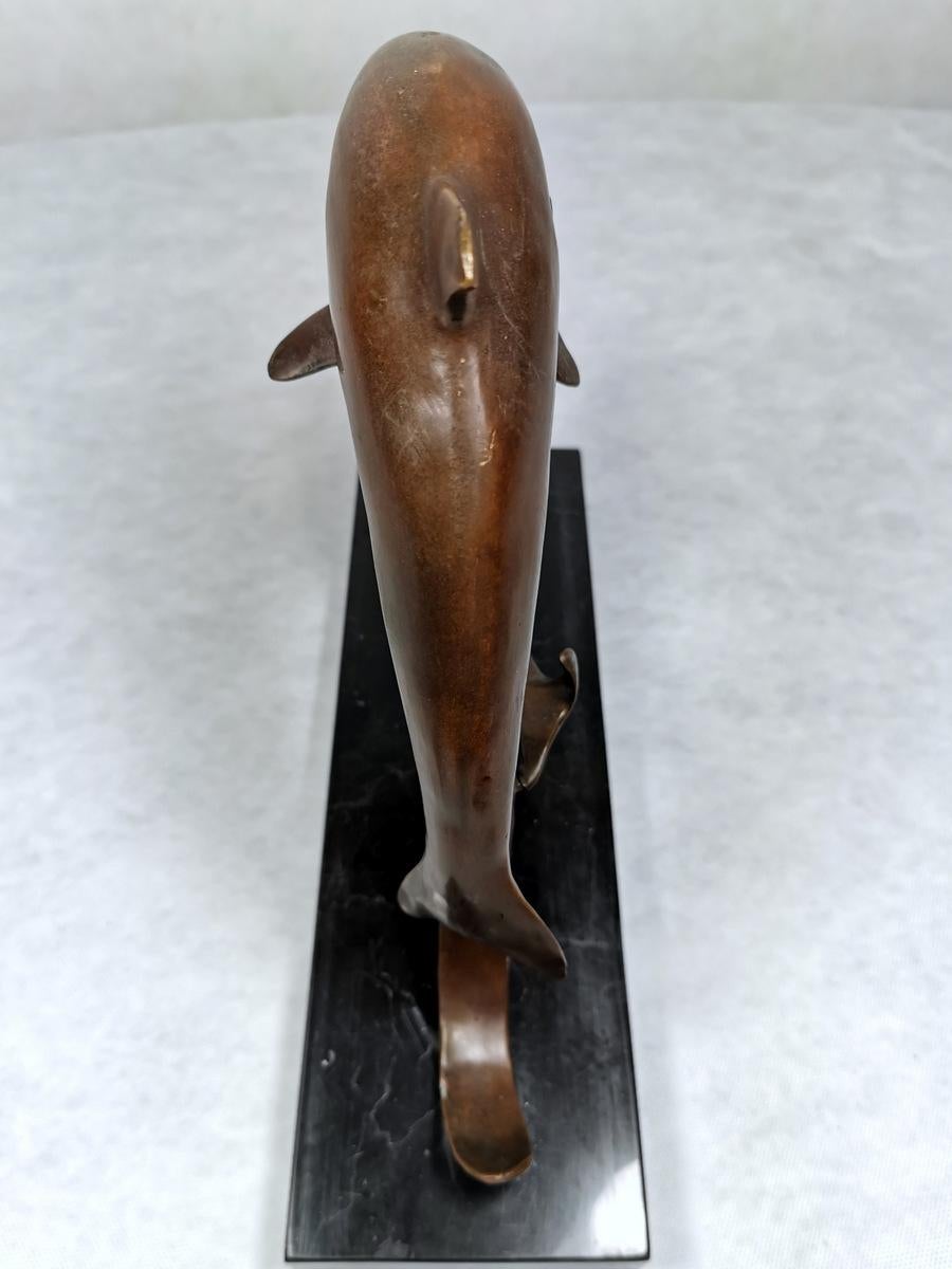 Patinated Loet Vanderveen 20th Century Black Marble and Bronze Dutch Dolphins Statue 