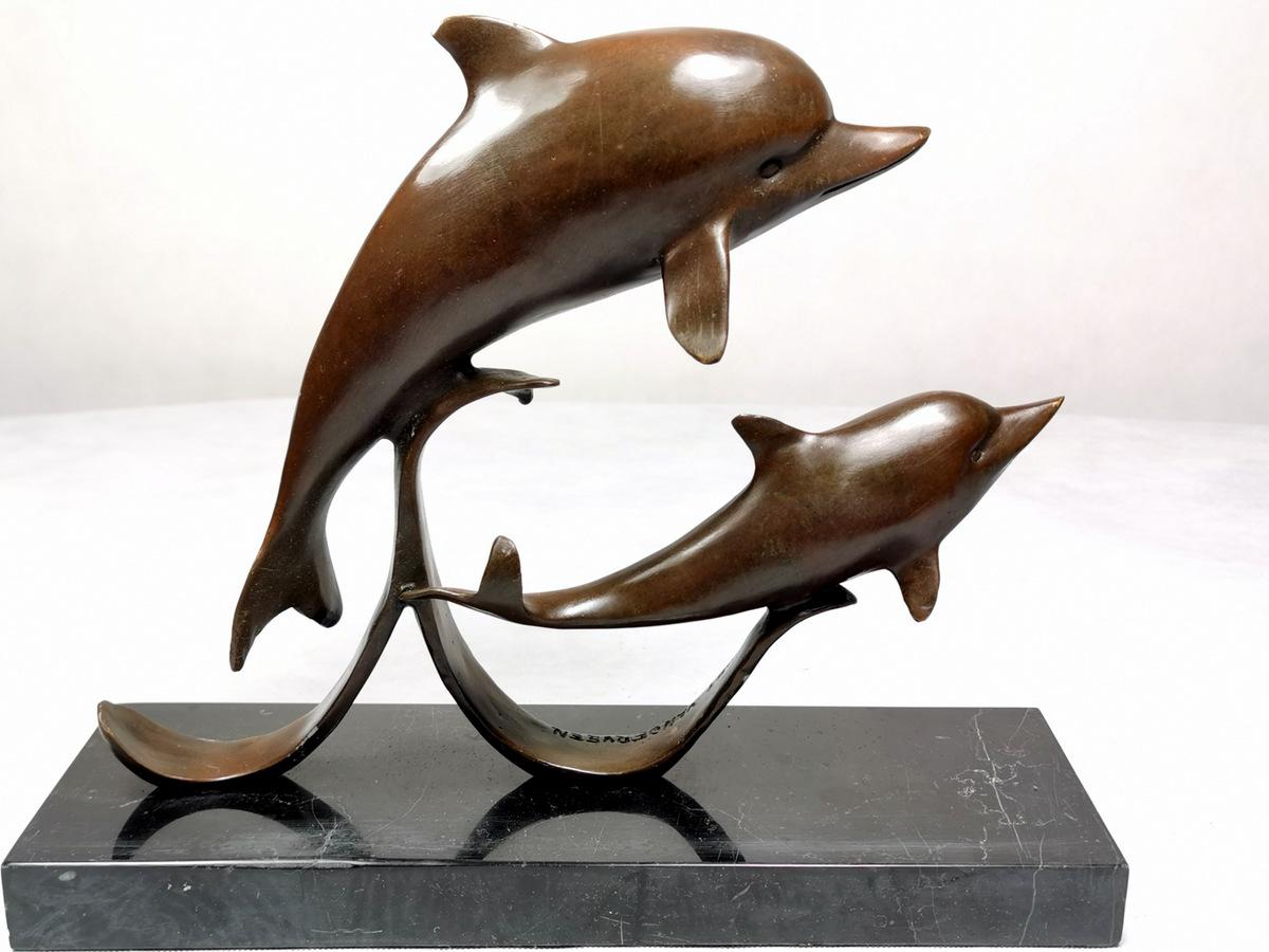 Loet Vanderveen 20th Century Black Marble and Bronze Dutch Dolphins Statue  3