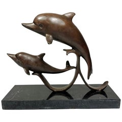 Used Loet Vanderveen 20th Century Black Marble and Bronze Dutch Dolphins Statue 