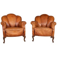 20th Century Dutch Pair of "Scallop Back" Leather Club Chairs, circa 1970