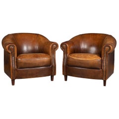 20th Century Dutch Pair of Sheepskin Leather Club Armchairs