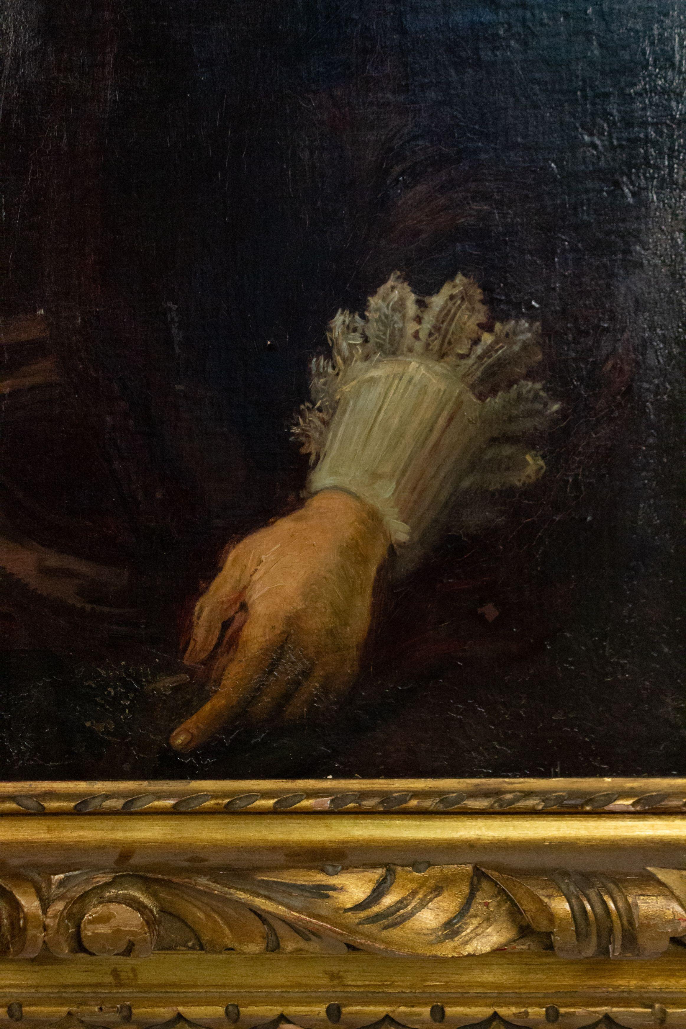 Pintura al óleo de estilo holandés (siglo XX) con marco dorado, retrato de dama con cofia y puños de encaje (madre de Franz Hals).
 