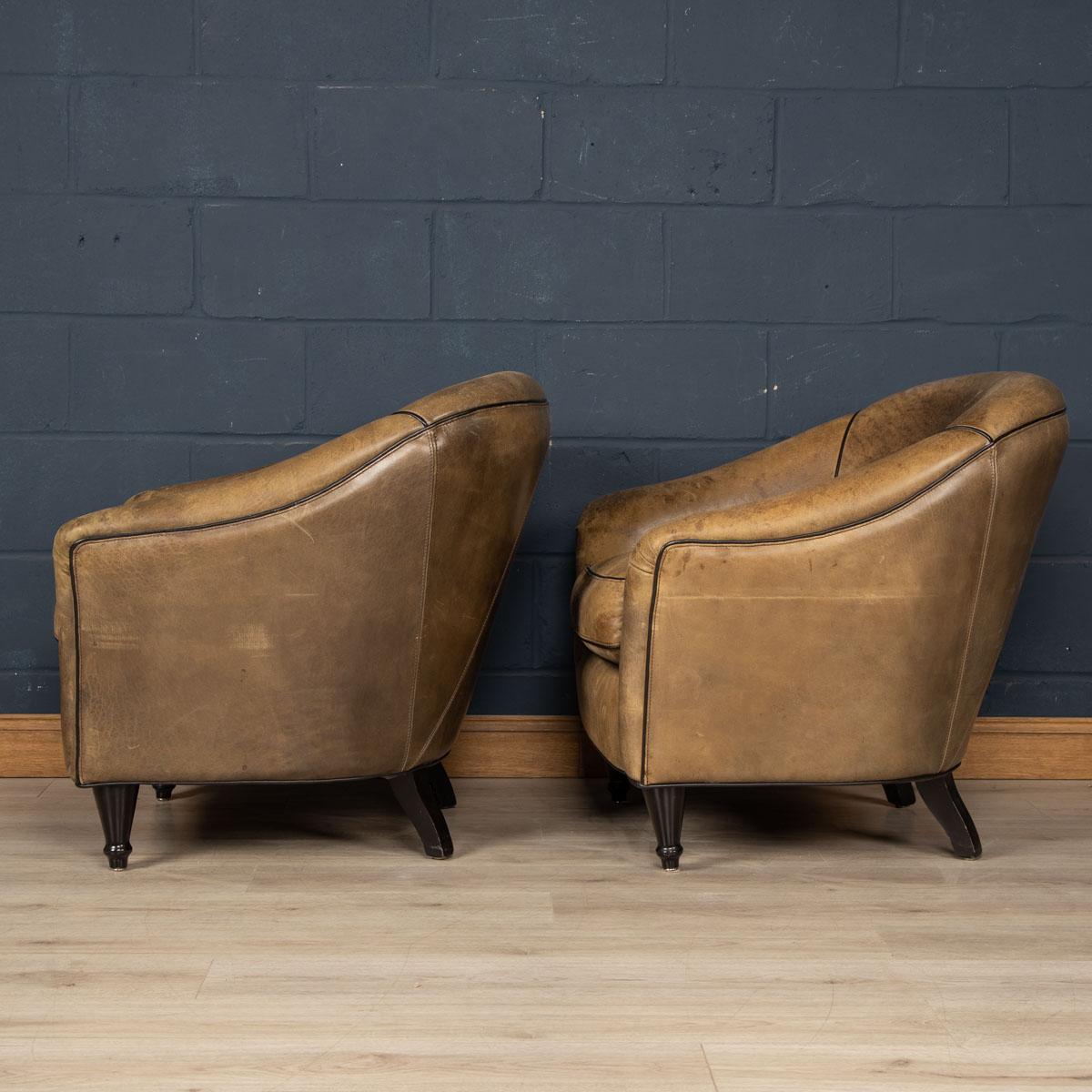 20th Century Dutch Sheepskin Leather Club Chairs In Good Condition In Royal Tunbridge Wells, Kent