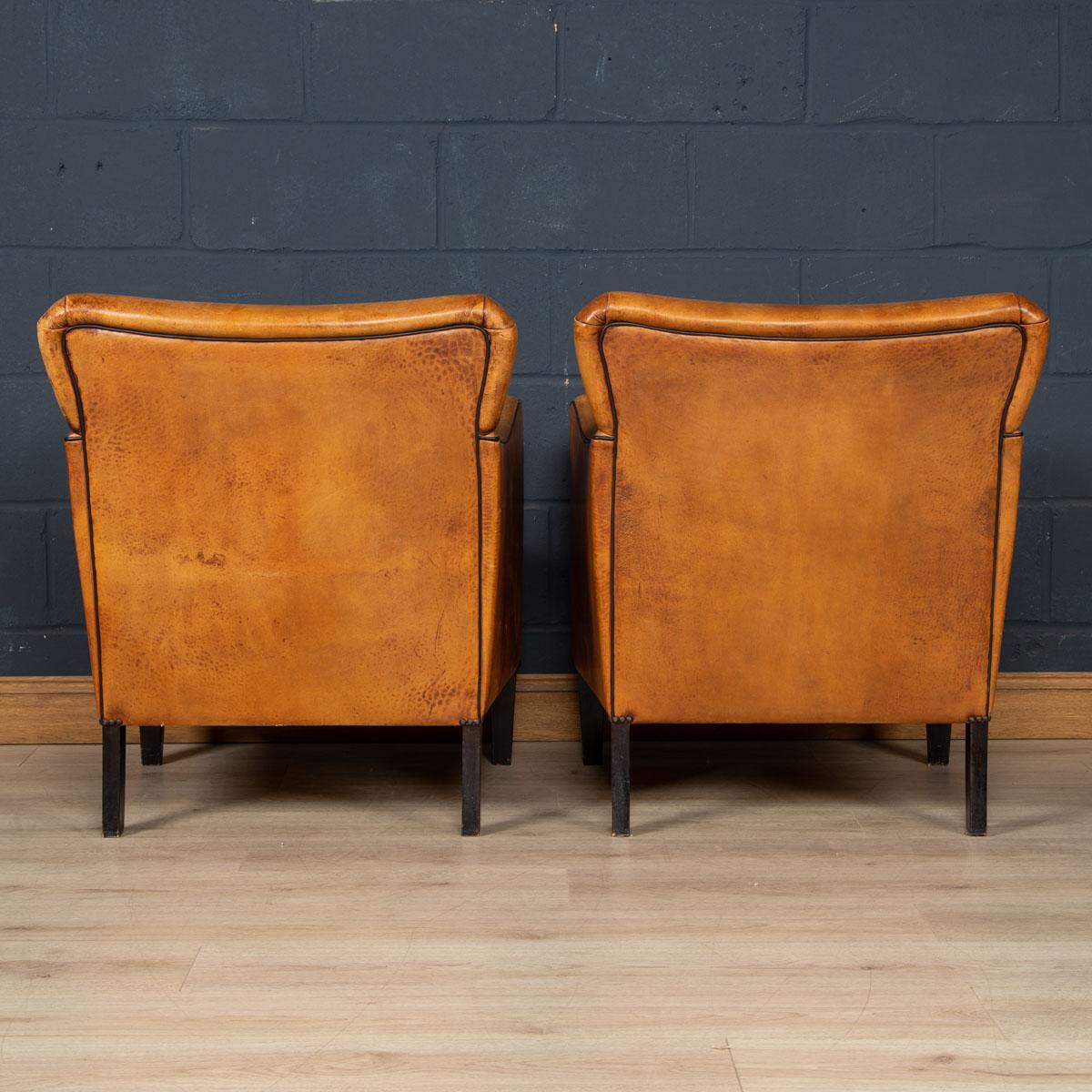 20th Century Dutch Sheepskin Leather Club Chairs 1