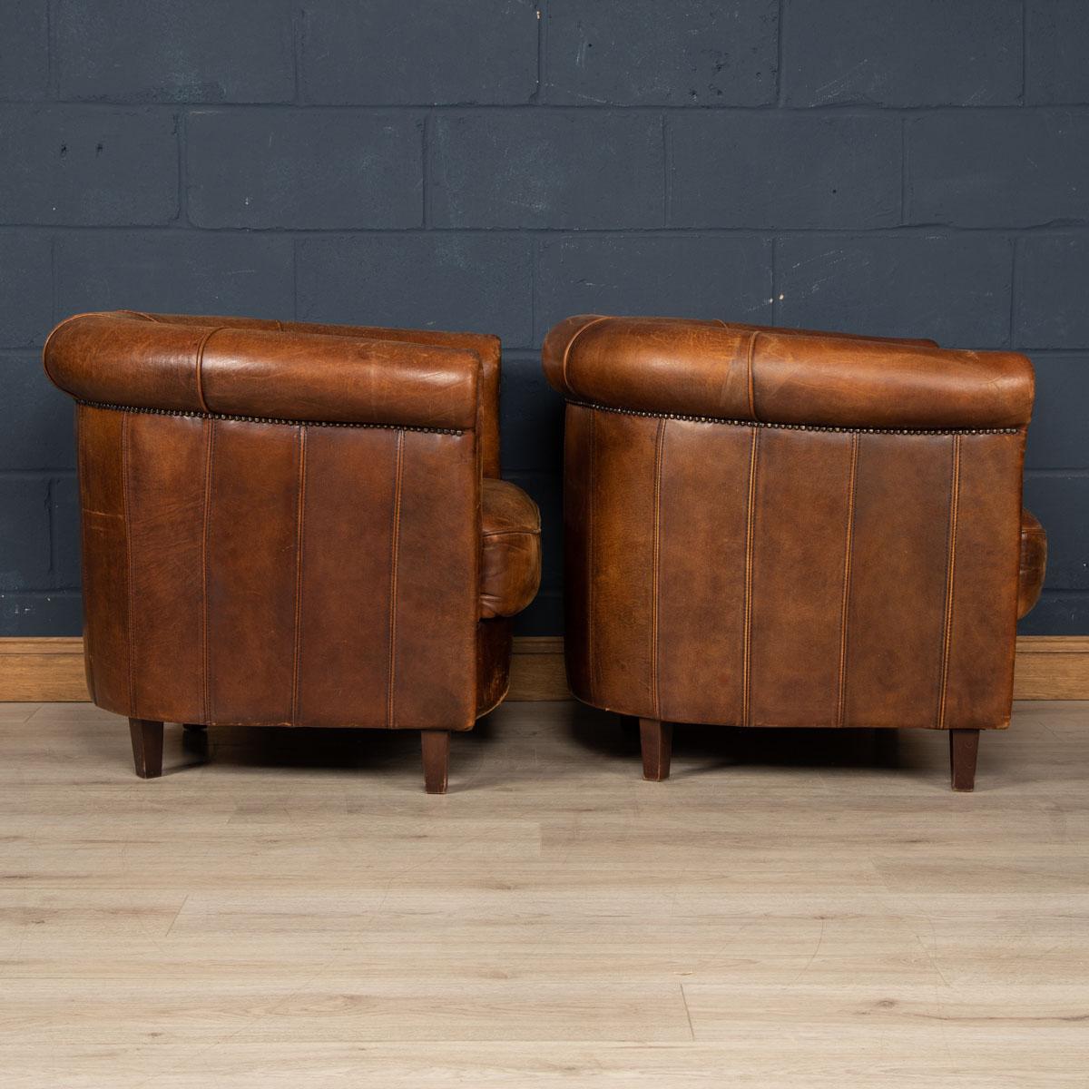 20th Century Dutch Sheepskin Leather Club Chairs 2