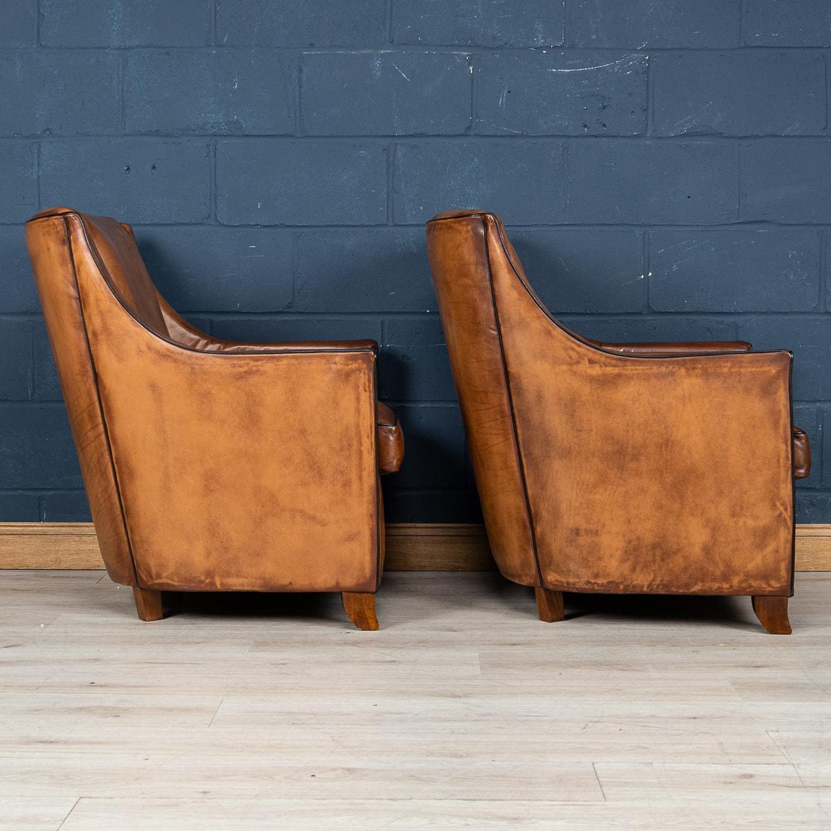 20th Century Dutch Sheepskin Leather Club Chairs 1