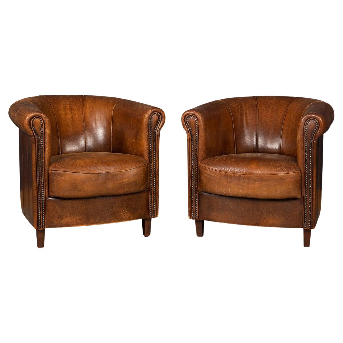 20th Century Dutch Sheepskin Leather Club Chairs