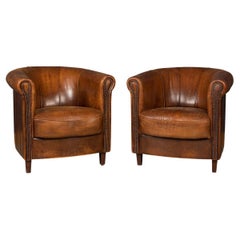 20th Century Dutch Sheepskin Leather Club Chairs