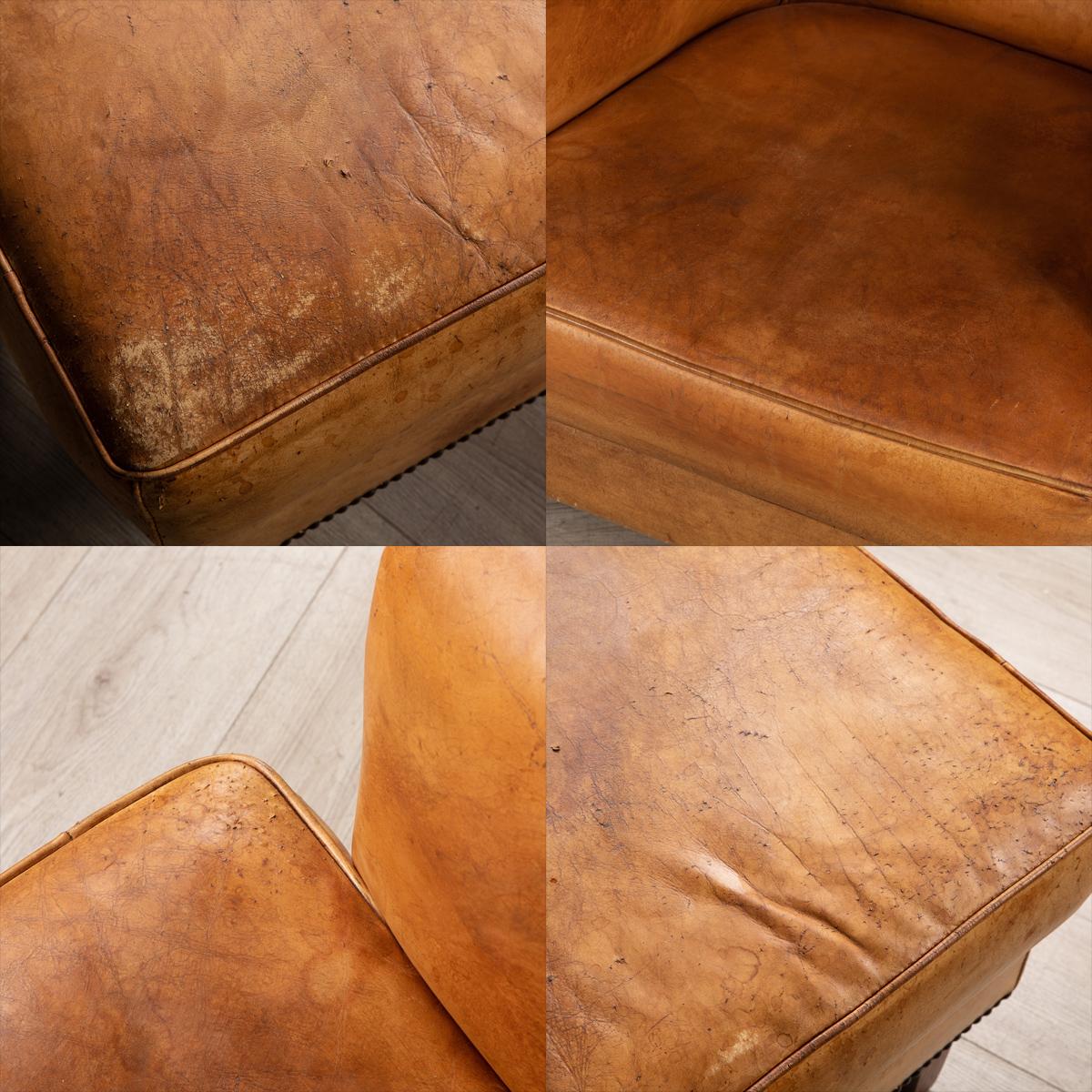 20th Century Dutch Sheepskin Leather Tub Chair & Footstool For Sale 7