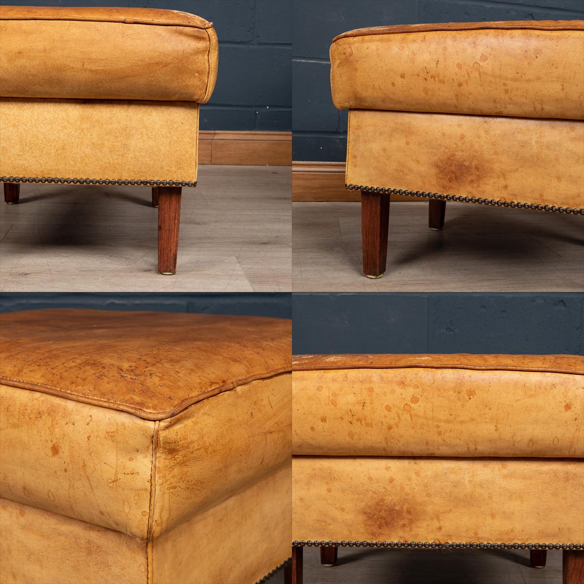 20th Century Dutch Sheepskin Leather Tub Chair & Footstool For Sale 8