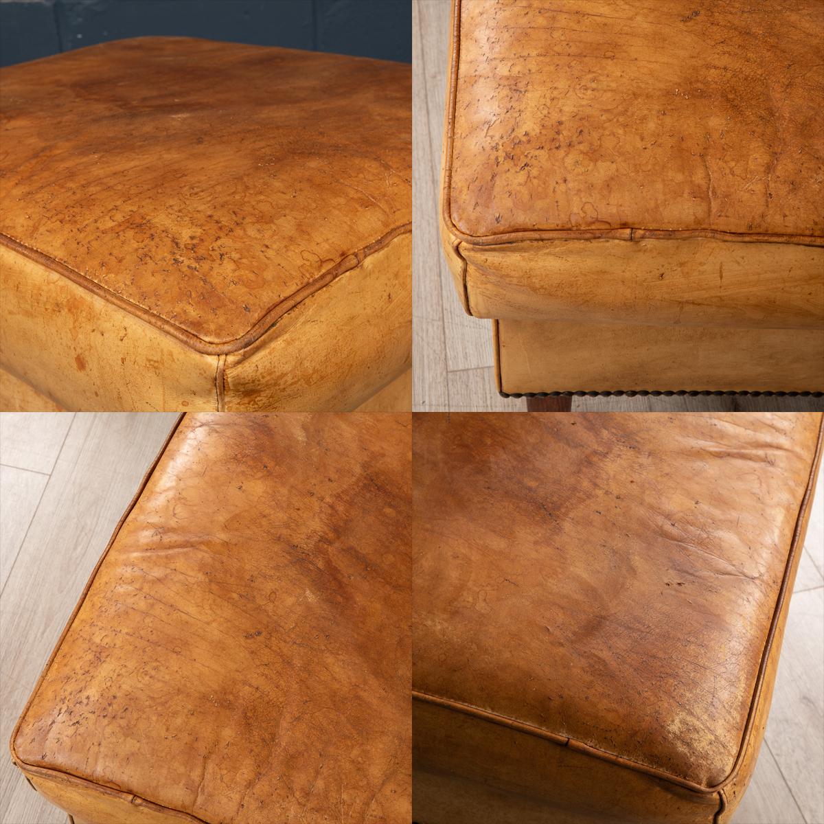 20th Century Dutch Sheepskin Leather Tub Chair & Footstool For Sale 9