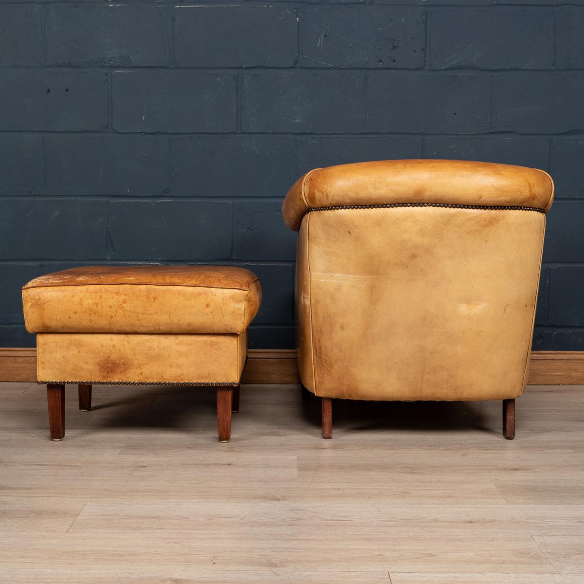 Pine 20th Century Dutch Sheepskin Leather Tub Chair & Footstool For Sale