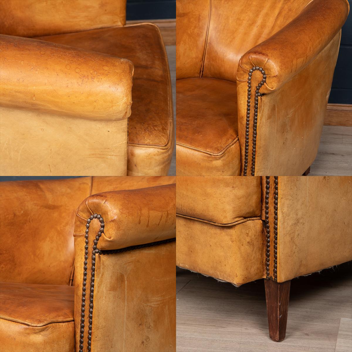 20th Century Dutch Sheepskin Leather Tub Chair & Footstool For Sale 3