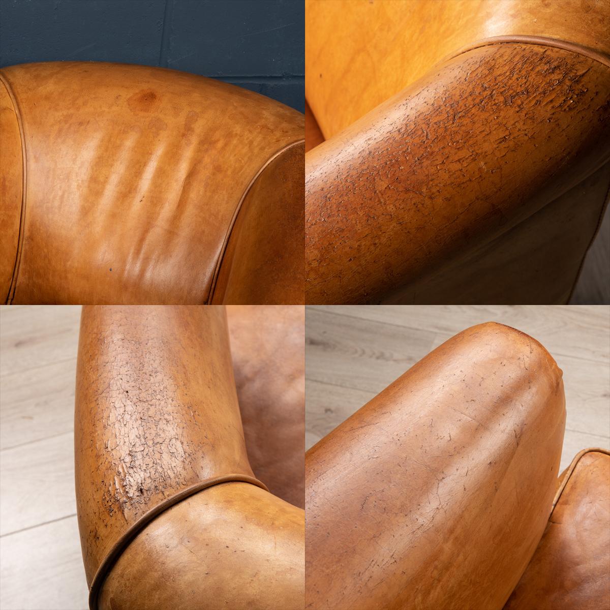 20th Century Dutch Sheepskin Leather Tub Chair & Footstool For Sale 3
