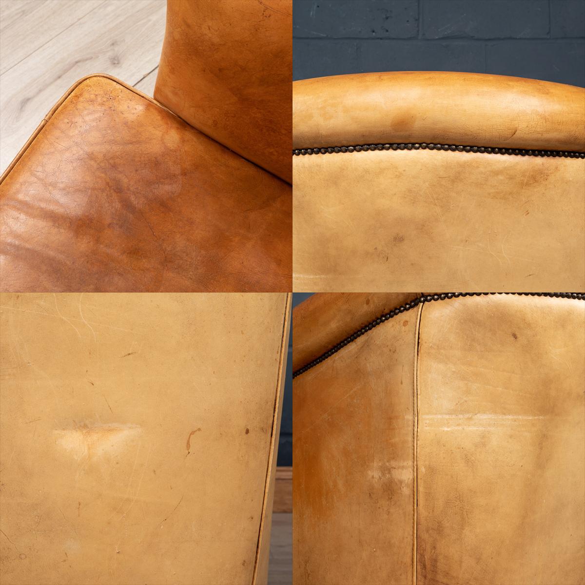 20th Century Dutch Sheepskin Leather Tub Chair & Footstool For Sale 5