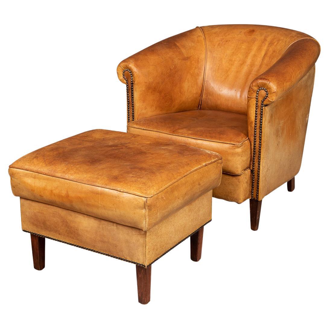 20th Century Dutch Sheepskin Leather Tub Chair & Footstool For Sale