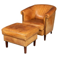 Retro 20th Century Dutch Sheepskin Leather Tub Chair & Footstool