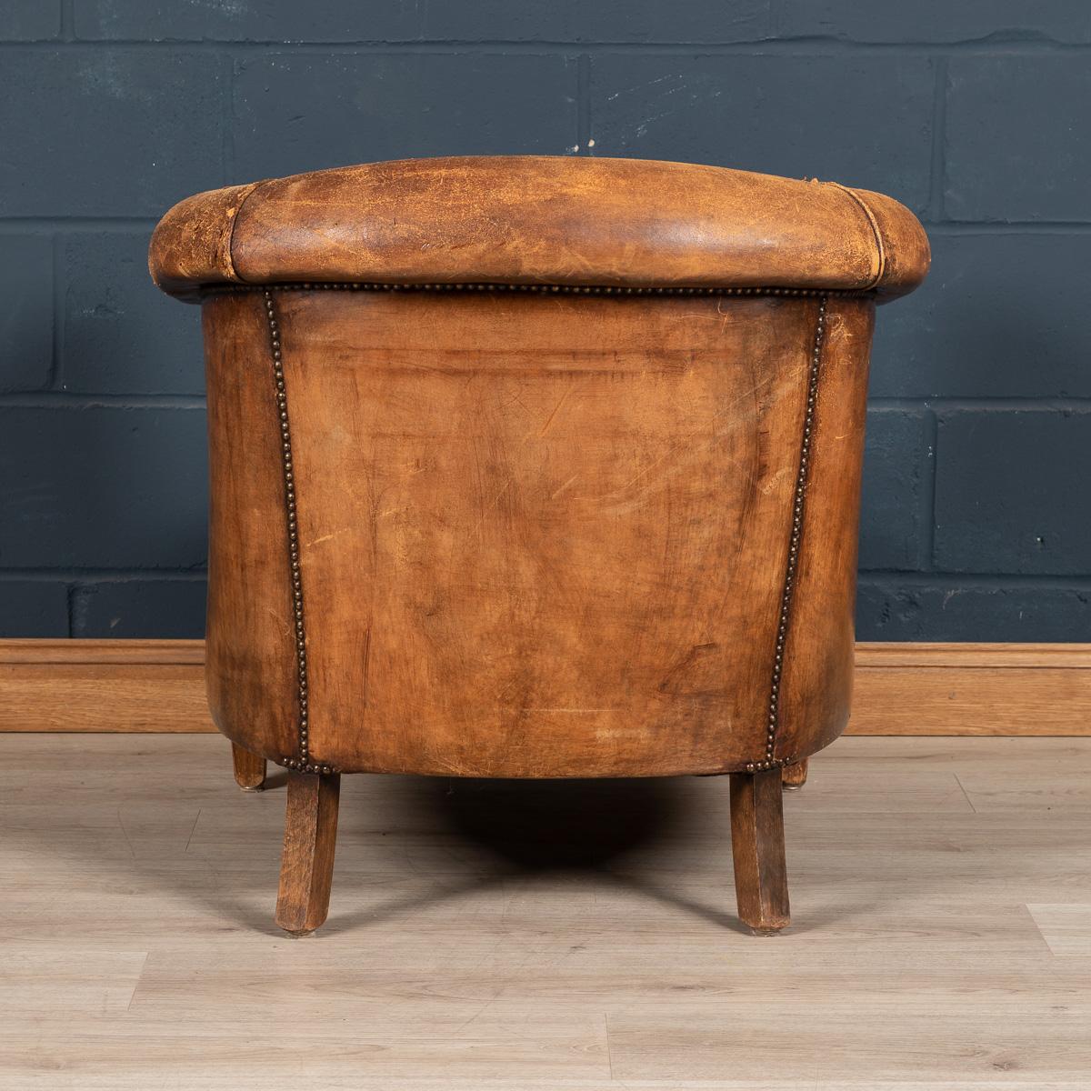 20th Century Dutch Sheepskin Leather Tub Chair 1