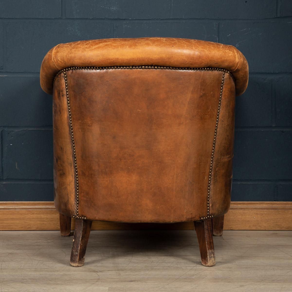 20th Century Dutch Sheepskin Leather Tub Chair 1