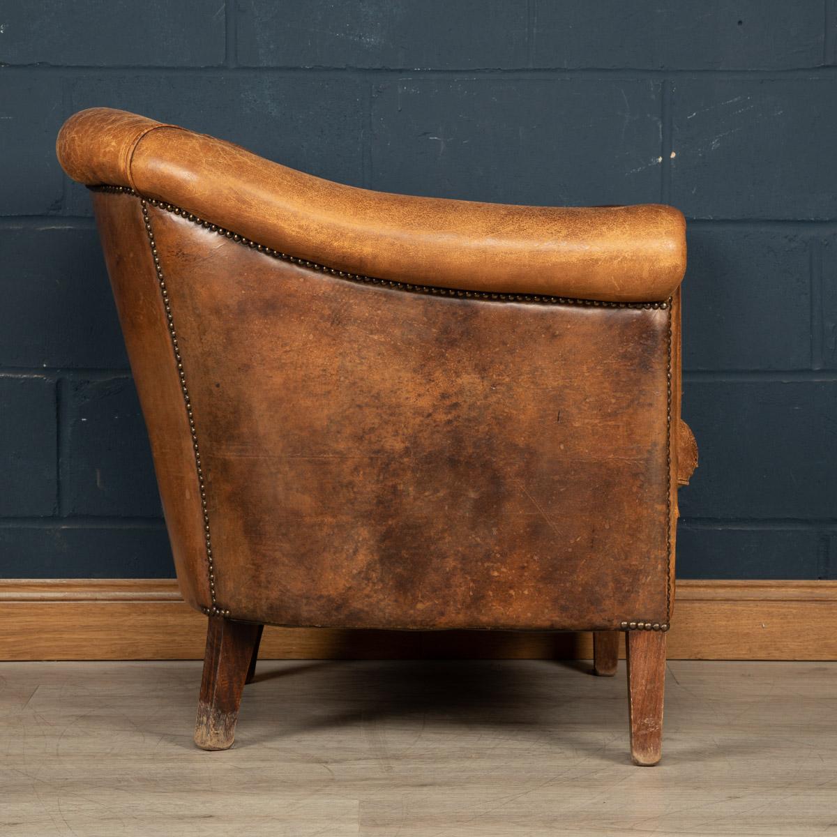 20th Century Dutch Sheepskin Leather Tub Chair 2