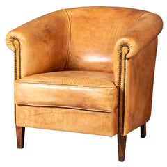 20th Century Dutch Sheepskin Leather Tub Chair