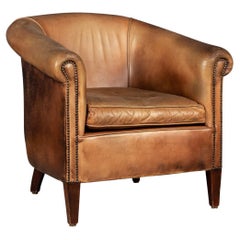 Vintage 20th Century Dutch Sheepskin Leather Tub Chair