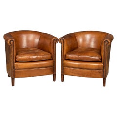 Vintage 20th Century Dutch Sheepskin Leather Tub Chairs