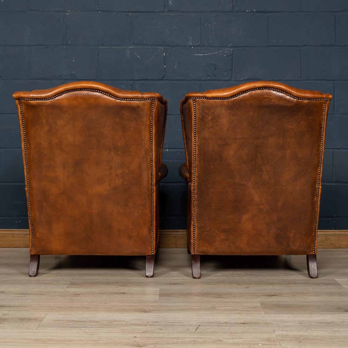 20th Century Dutch Sheepskin Leather Wing-Back Armchairs For Sale 1