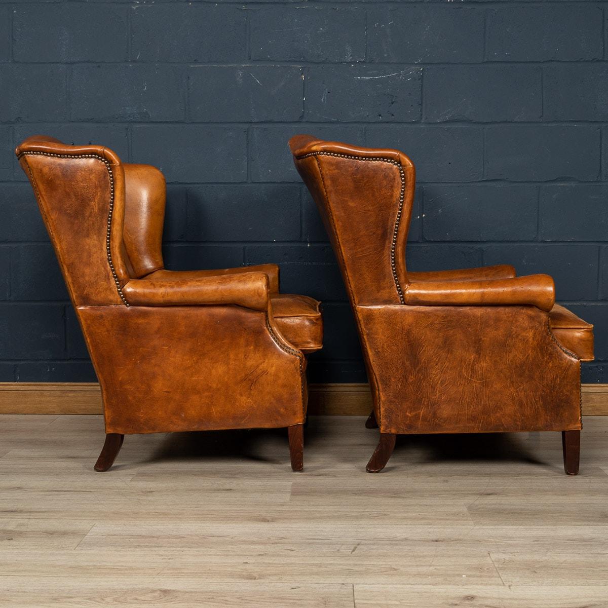20th Century Dutch Sheepskin Leather Wing-Back Armchairs For Sale 2
