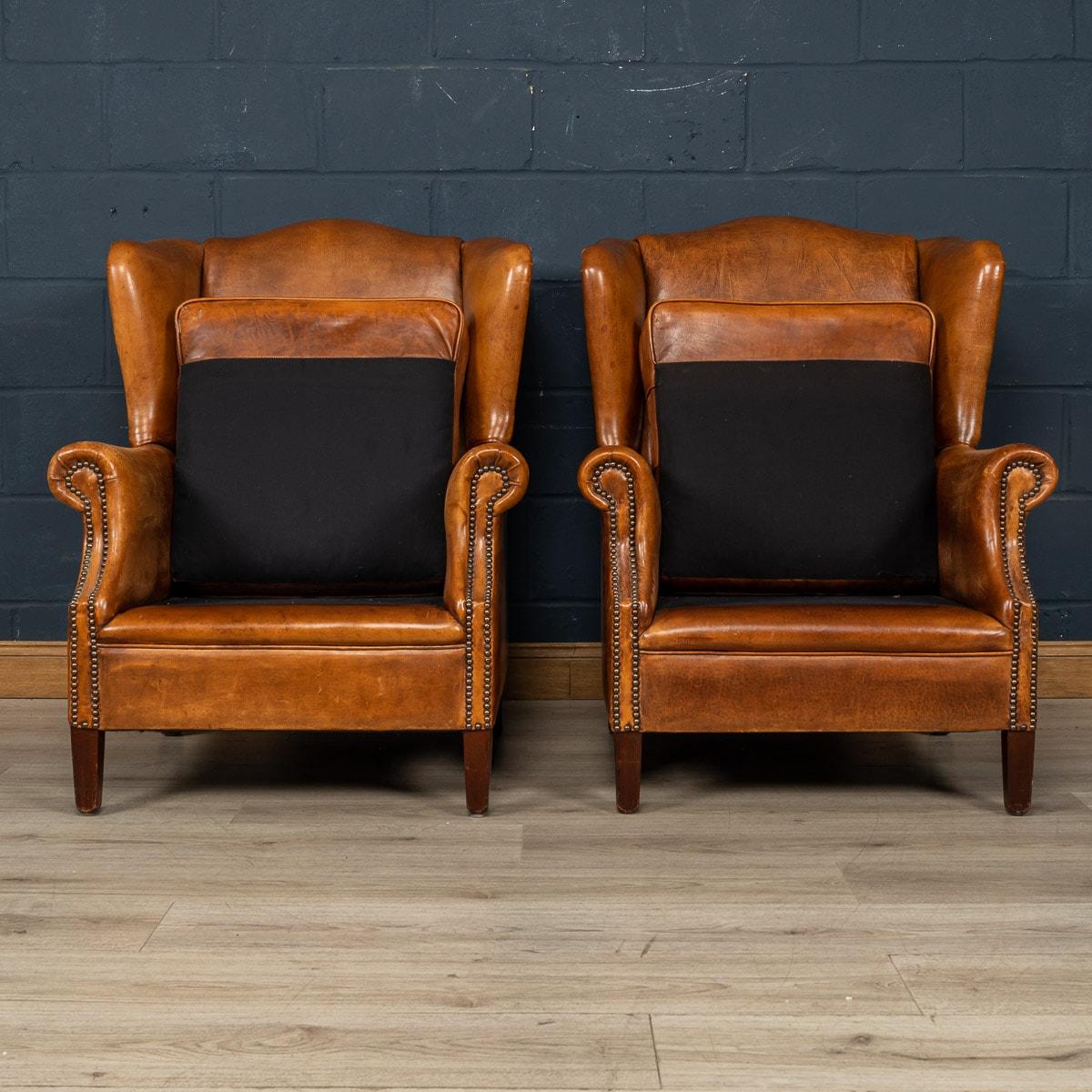 20th Century Dutch Sheepskin Leather Wing-Back Armchairs For Sale 3