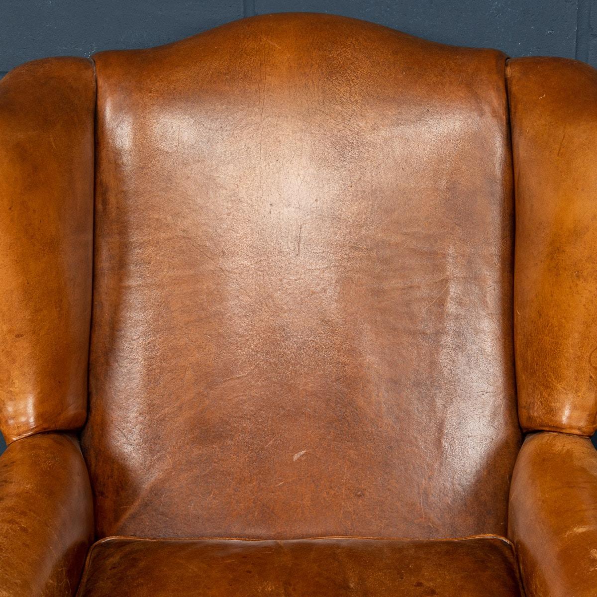 20th Century Dutch Sheepskin Leather Wing-Back Armchairs For Sale 5