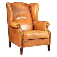 20th Century Dutch Sheepskin Leather Wingback Armchair